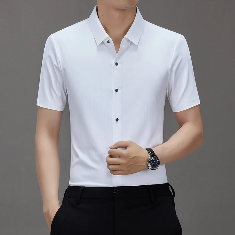 New Men Ice Silk Shirt Striped Luxury Designer Brand Breathable Business Casual 2024 Summer Short-sleeved Tops Camisas De Hombre