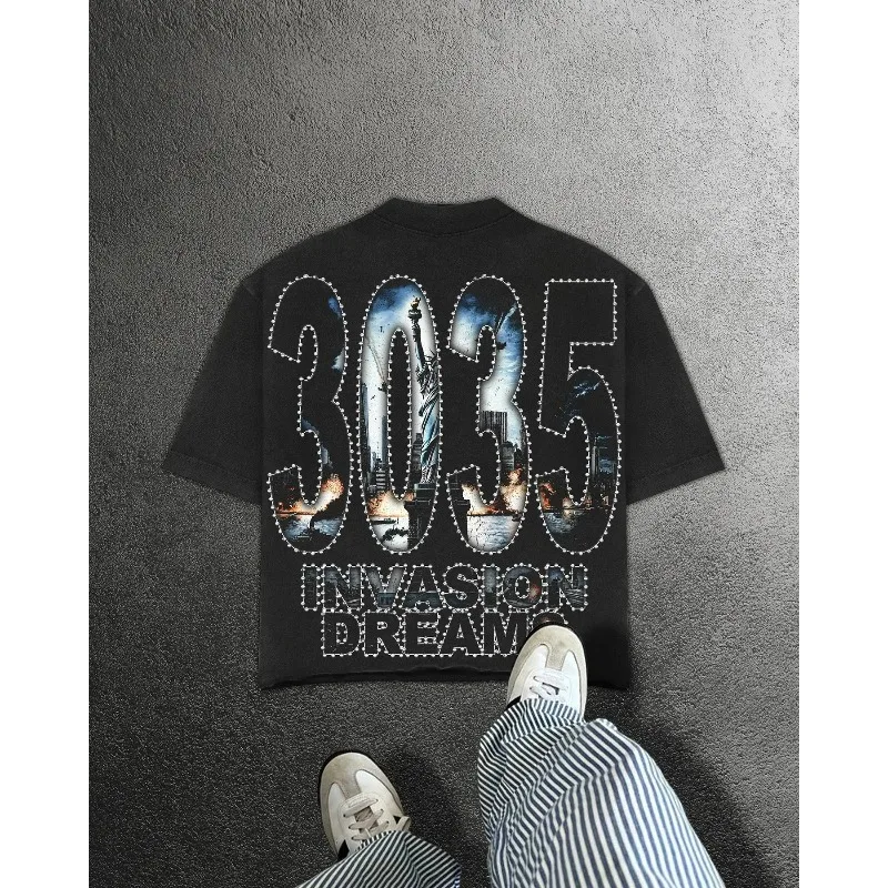 تمثال الحرية الجرافيك تي شيرت المتضخم Y2k بلايز Harajuku خمر القوطية الشارع الشهير أسود قصير الأكمام تي شيرت الرجال الملابس