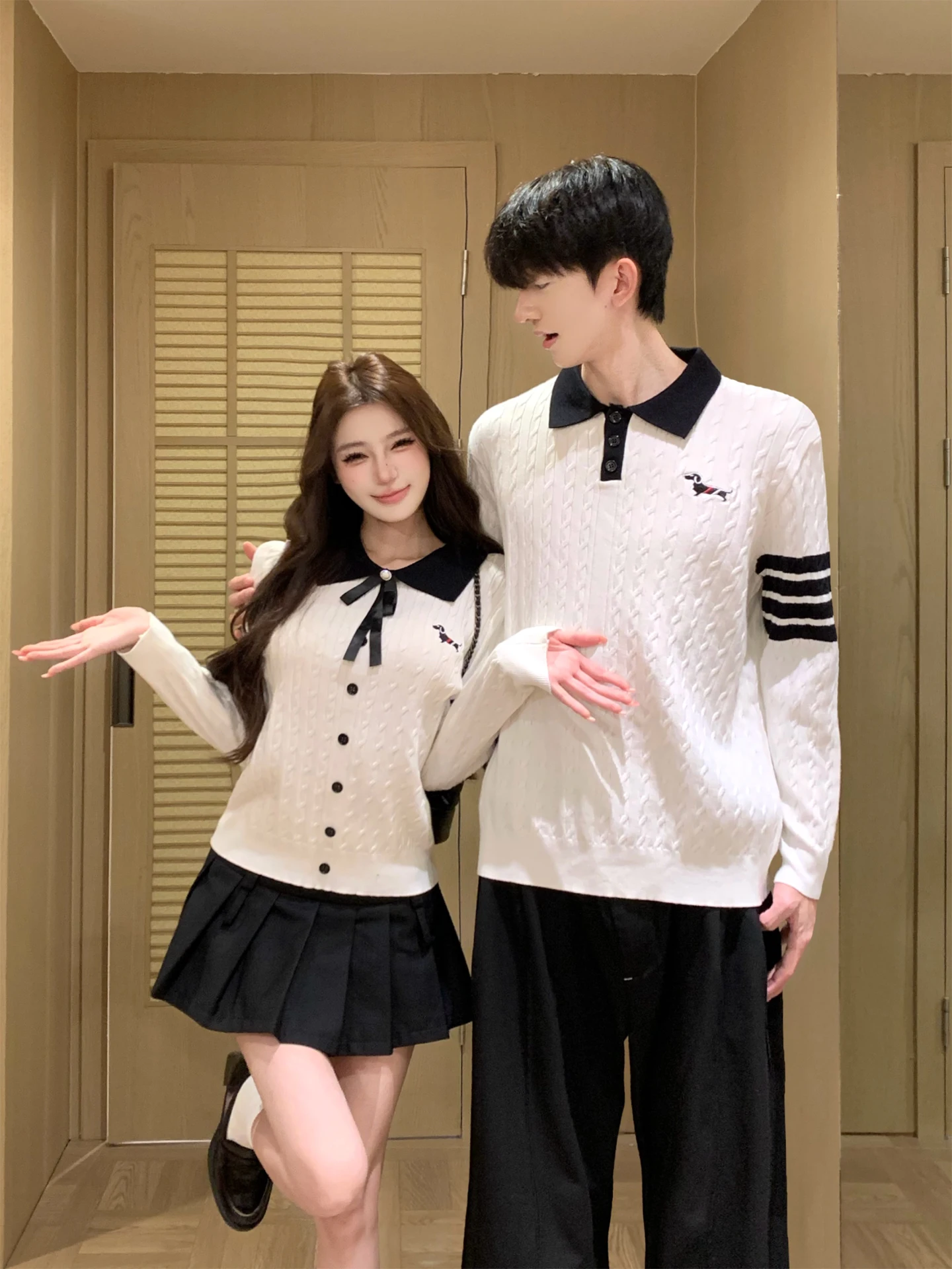 Korean Style Sausage Dog Couple Sweater College Style Knitted Two-Piece Set Autumn Fashionable Casual Loose Fit Long Sleeve