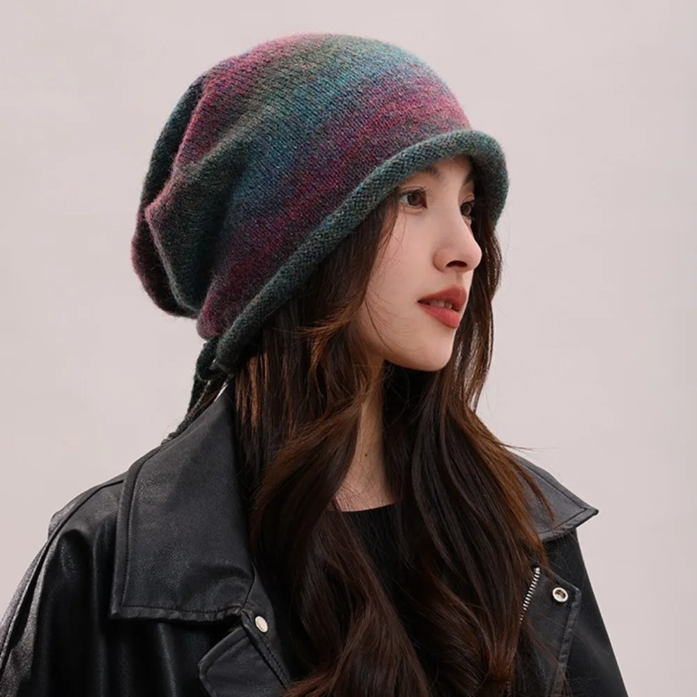 

New Large Size Beanies Skullies Gradient Color Rolled-brim Bonnet Hat Soft Knitted Drawstring Slouch Hat