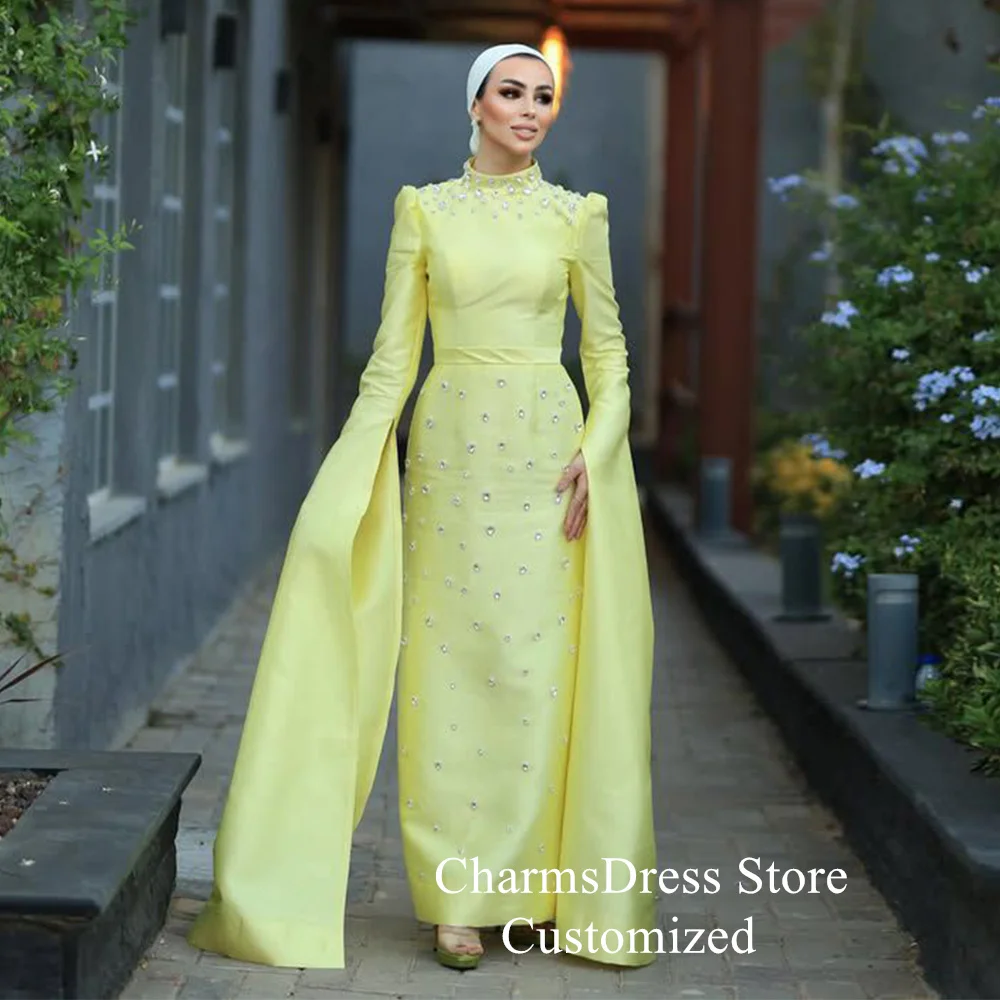 Yellow Evening Dress Customized High Neck Long Sleeves Crystal Stone Straight Saudi Arabian Woman Prom Gown for Special Occasion