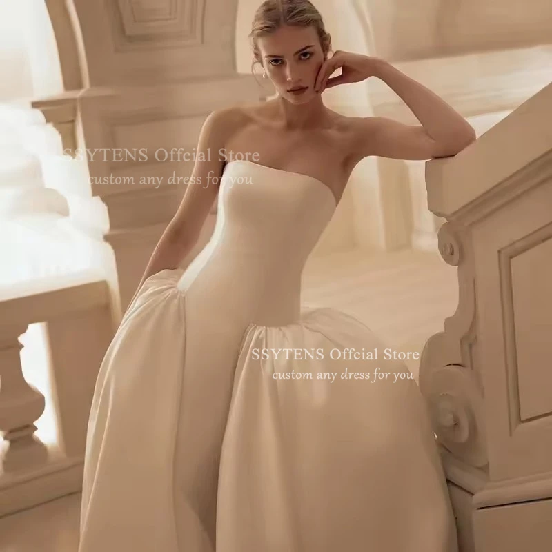 SSYTENS White A-Line Wedding Dresses Strapless Sleeveless bodas Occasion Bridal Dress Princess Wedding Ball Prom Gown Customized