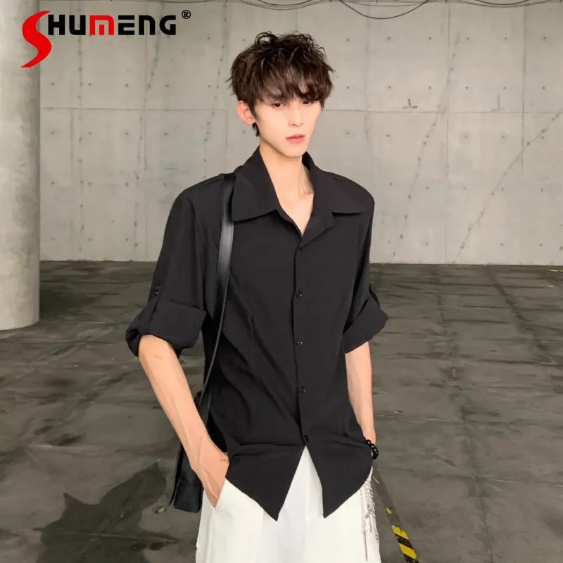 

Men's 2026 Summer New Tops Trendy Waist-tight Design Shoulder Padded Short Sleeve Chic Shirts Stylish Solid Color Comfort Shirts