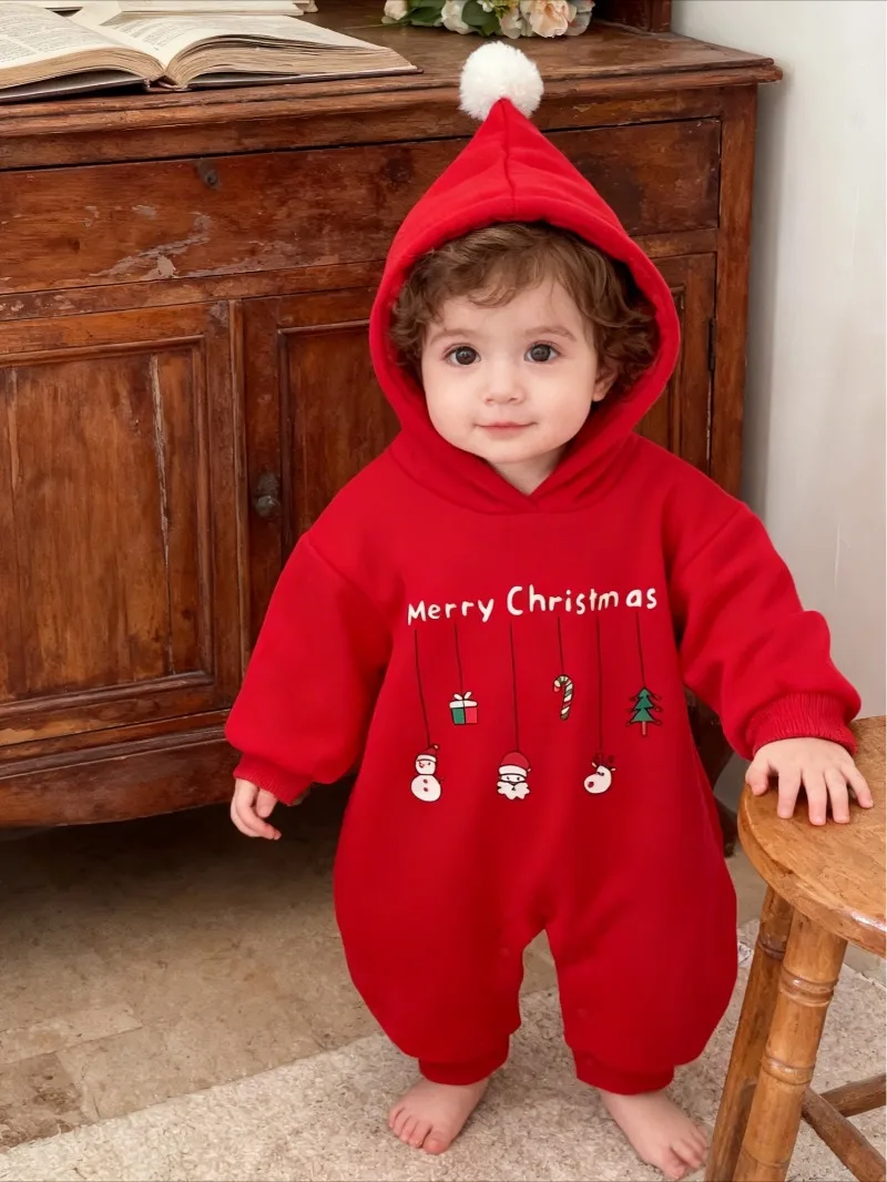 

Корейский осенне-зимний рождественский костюм для скалолазания в западном стиле для маленьких мальчиков и девочек, одежда с капюшоном на флисовой подкладке для новорожденных