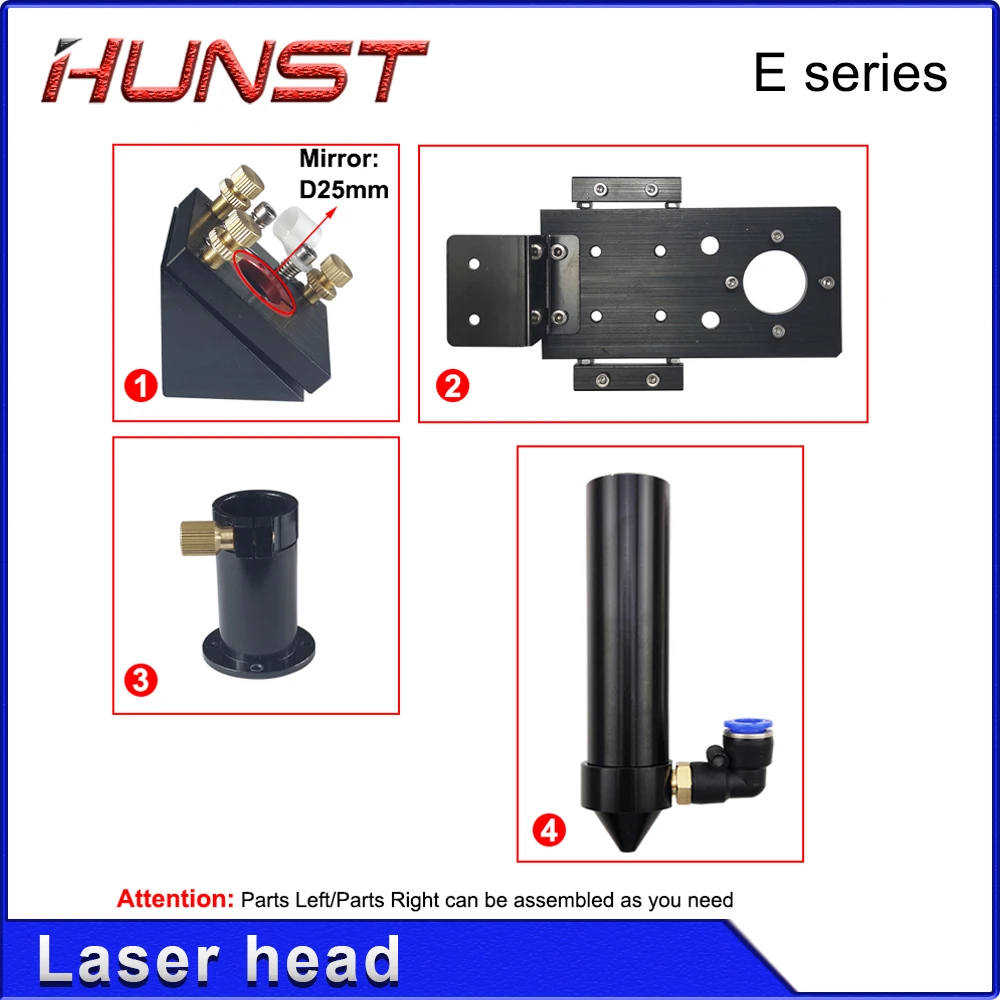 Hunst E Series CO2 Laser Head for Lens D20MM FL50.8 & 63.5 & 101.6 MM Mirror 25MM for Laser Engraving and Cutting Machine