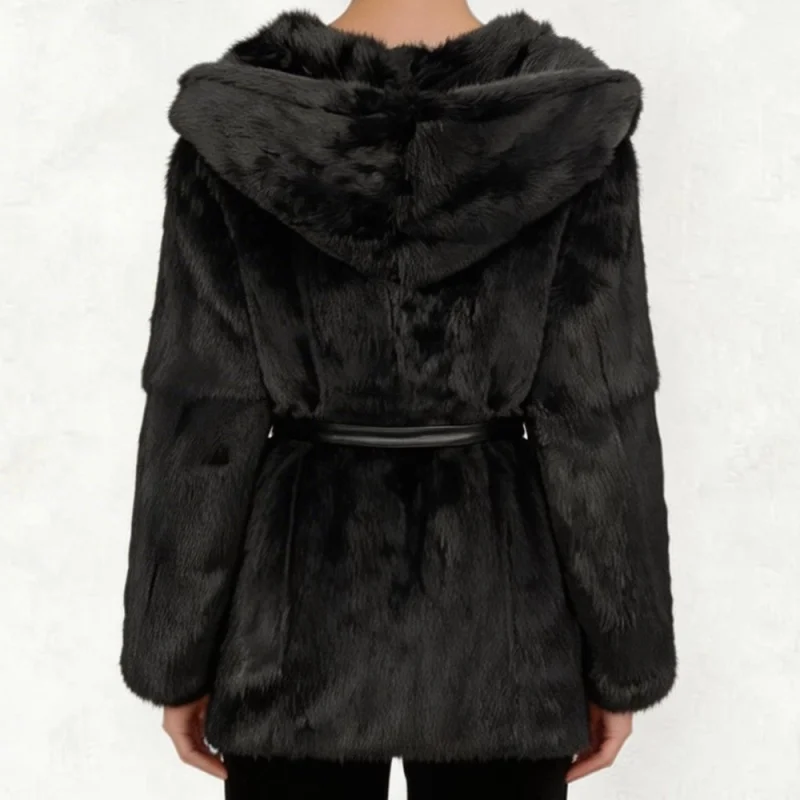Winter New Arrival Fur Coat Women's Mid-Length Hooded Belted Luxury Rabbit Fur Leather-Integrated High-Quality Fashionable Coat