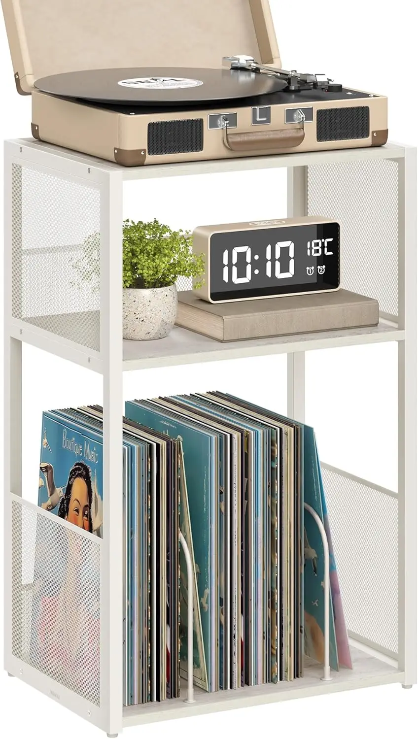 

3-Tier Record Player Stand, Vinyl Storage for 100 Albums, Rustic White End Table for Living Room or Bedroom