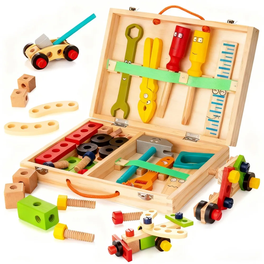Kit de herramientas de piezas para niños, desmontaje de montaje de madera, juguetes educativos Montessori, combinación de tuercas, dibujos animados, 34 Uds.