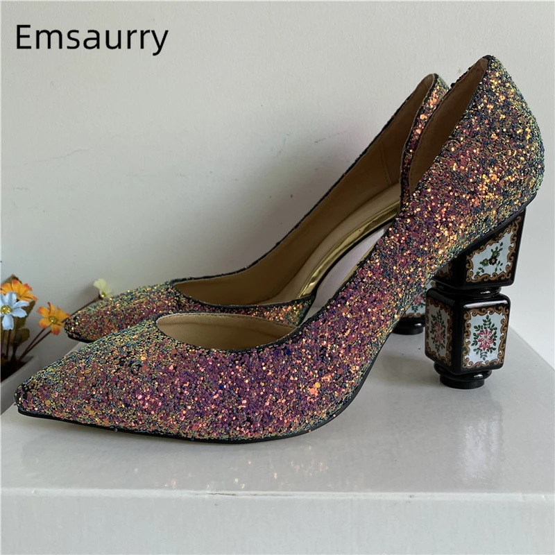 Bling Gradient Color Sequins Women Pumps Side Cut Outs Pointy Toe Unique Printed Flower Strange High Heel Wedding Shoes