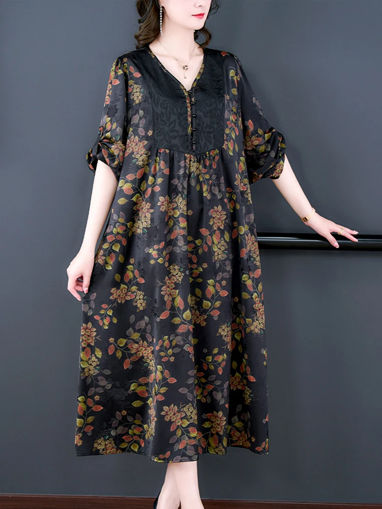 Women Korean Vintage Luxury Party Vestidos Summer Black Print Silk Batwing Sleeve Loose Dress 2024 Fashion Elegant Prom Dresses