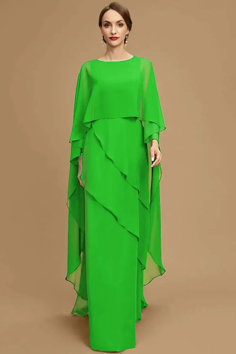 Elegant Women Party Dress Chiffon Batwing Cape Sleeve Tiered Asymmetric Trim O-Neck Gowns Cocktail Wedding Guest Long Dress