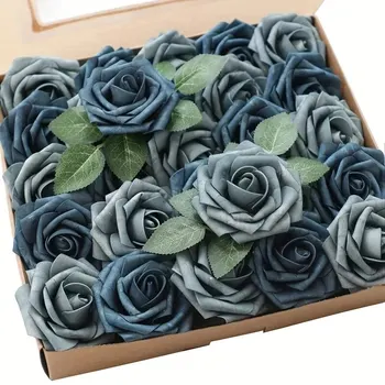 인조 꽃 줄기가 있는 가짜 장미, 진짜 보이는 더스티 블루 폼, DIY 웨딩 부케, 신부 샤워 꽃 센터, 25 개