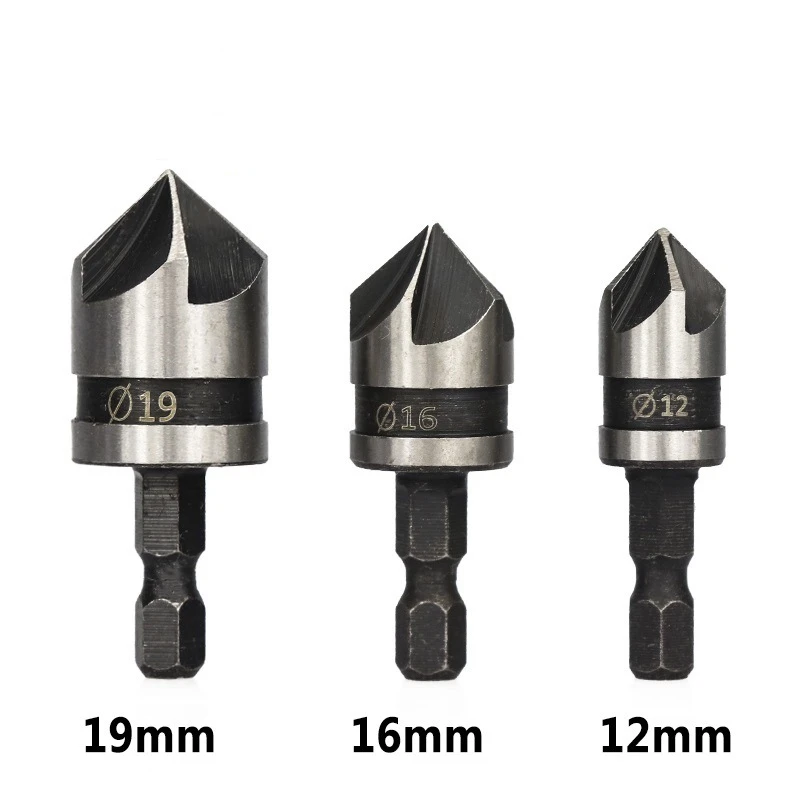 1/3pcs 82 Degrees Chamfer Drill Bit Set 12/16/19mm 5 Flute Woodworking Drill Bit Cutter Countersink Drill Bit Set Metal Drilling