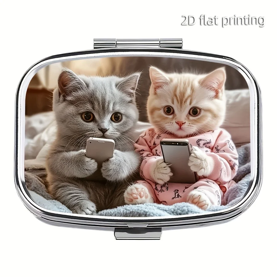 1 Cat-Shaped Pill Box for Playing with a Phone, 2-Compartment Pill Box - Portable and Compact Travel Pill Box, Suitable for Storing Vitamins, Multifunctional Wallet or Bag Pill Box, Suitable for Travel, Home and Outdoor Use