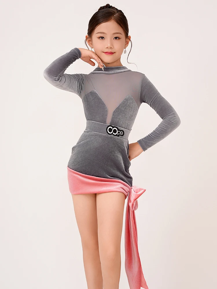 Latin Dance Clothes Girls Kids Gray Velvet Long Sleeves Dress Training Practice Suit Winter Cha Cha Rumba Dance Dresses BL13543