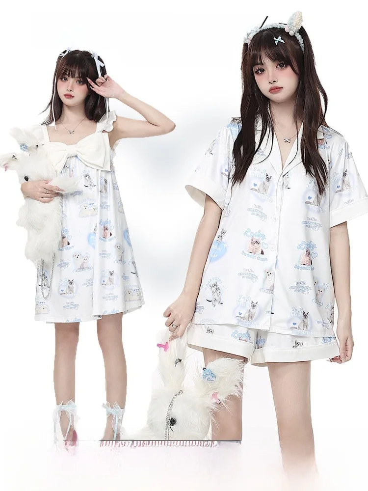 CRAZYGIRL Original Spring Summer Skin-friendly Comfortable Sleepwear Set Sweet Cute Style Short Sleeve V-neck Home Clothes