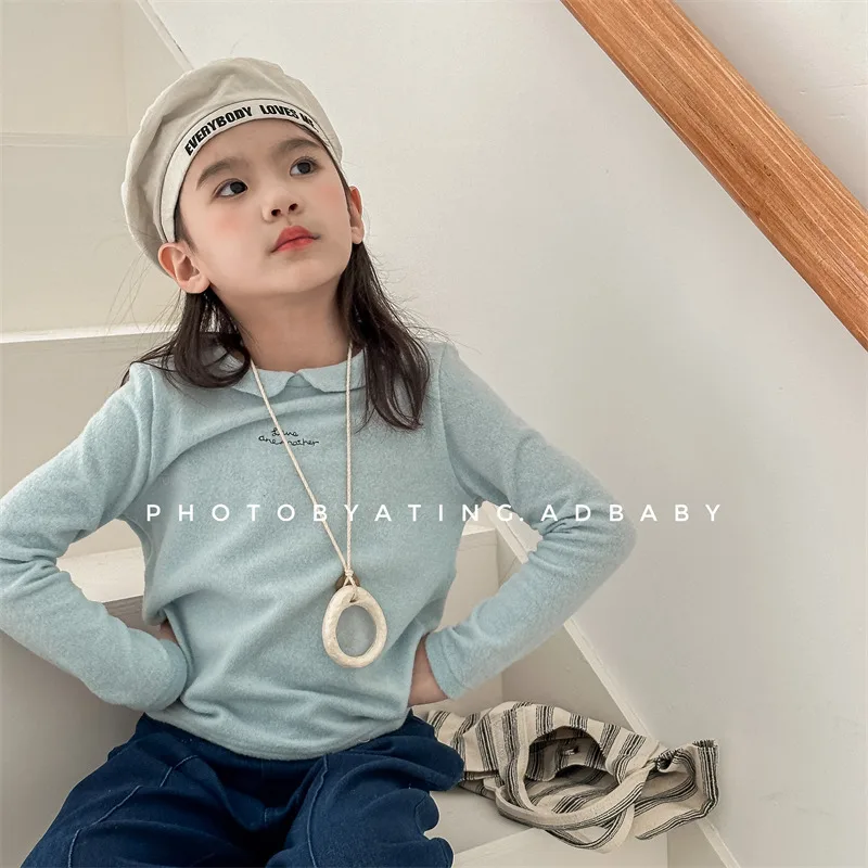 

Cotton Girls Letter Bottoming Shirts Baby Cute Lapel Casual Tops Kids Clothes 2025 Autumn New Children Long Sleeve T Shirts