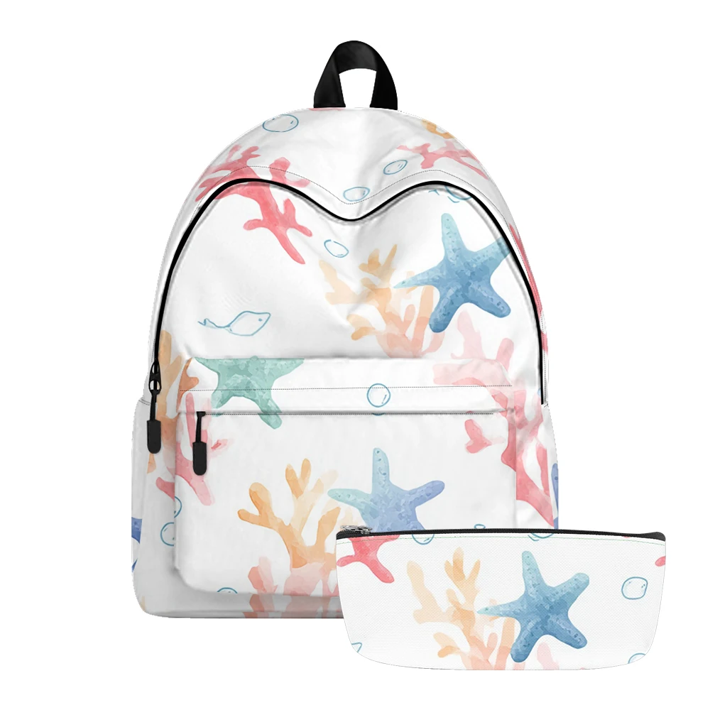 Ocean Theme Starfish Seashell Print Backpack Pencil Bags Adjustable Straps Lightweight Durable School Travel Daypack Teens Sets