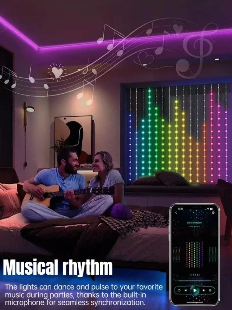 APP & Remote Control RGB LED Curtain Fairy Lights Smart Music Sync String Light Christmas Room Garden Scene Decoration
