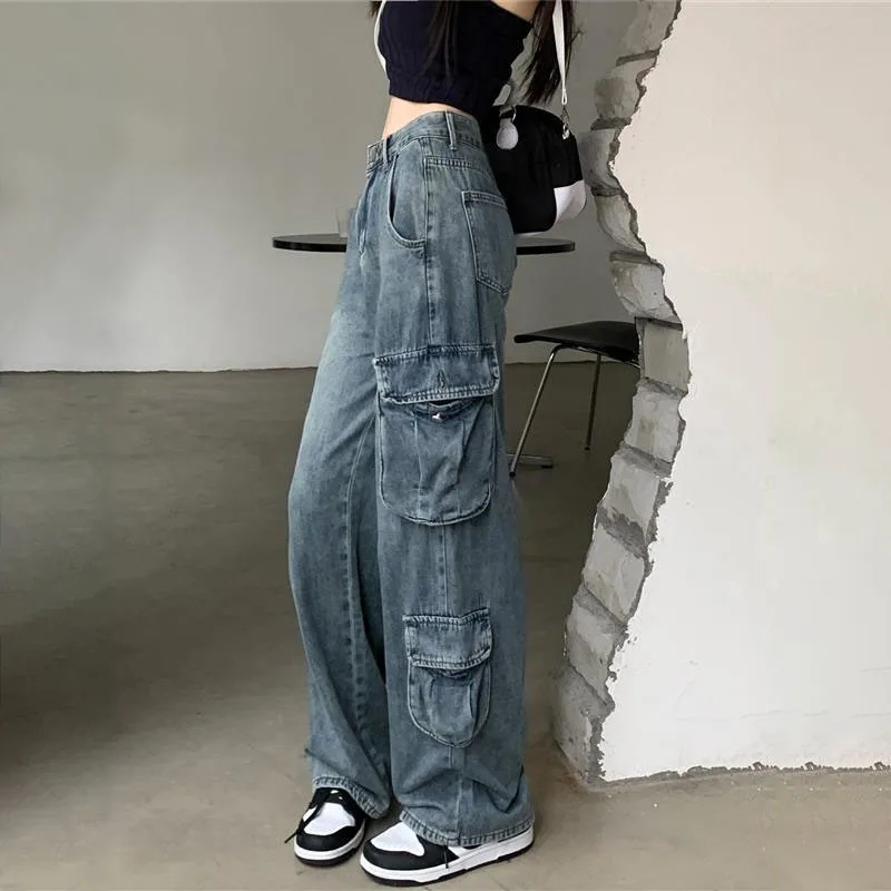 새로운 여성 하이 스트리트 작업 청바지, 봄 여름 하이 웨이스트 스트레이트 레그 청바지, 여성 캐주얼 데님 와이드 레그 바지 조수