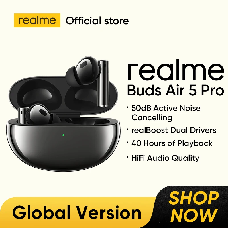 Global Version realme buds Air 5 Pro TWS Earphone 50dB Active Noise Cancelling True Wireless Headphone realBoost Dual Drivers