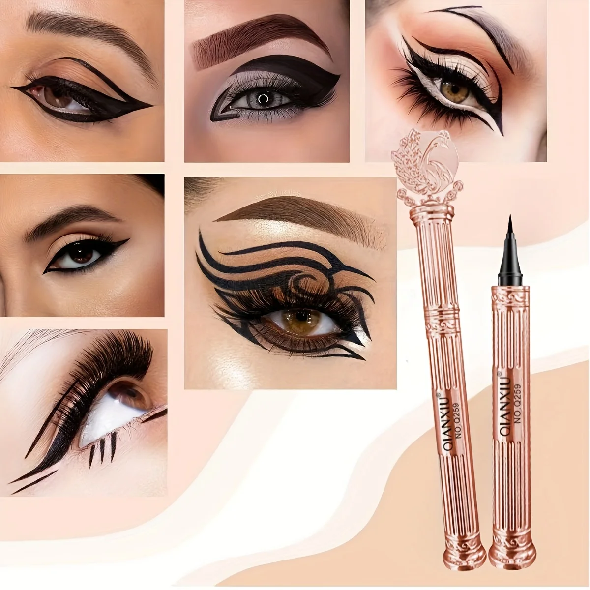 محدد عيون سائل مقاوم للماء باللون الأسود الطاووس مع لوحة ظلال عيون بلونين - مجموعة مكياج عالية المصطبغة تدوم طويلاً للعيون