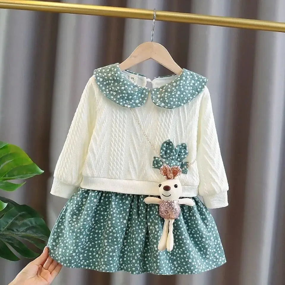 Children\'s Autumn New Dress Girl Baby Cute Fake Two-piece Dress Princess Floral Dress Free Rabbit 2 4 6 7Y