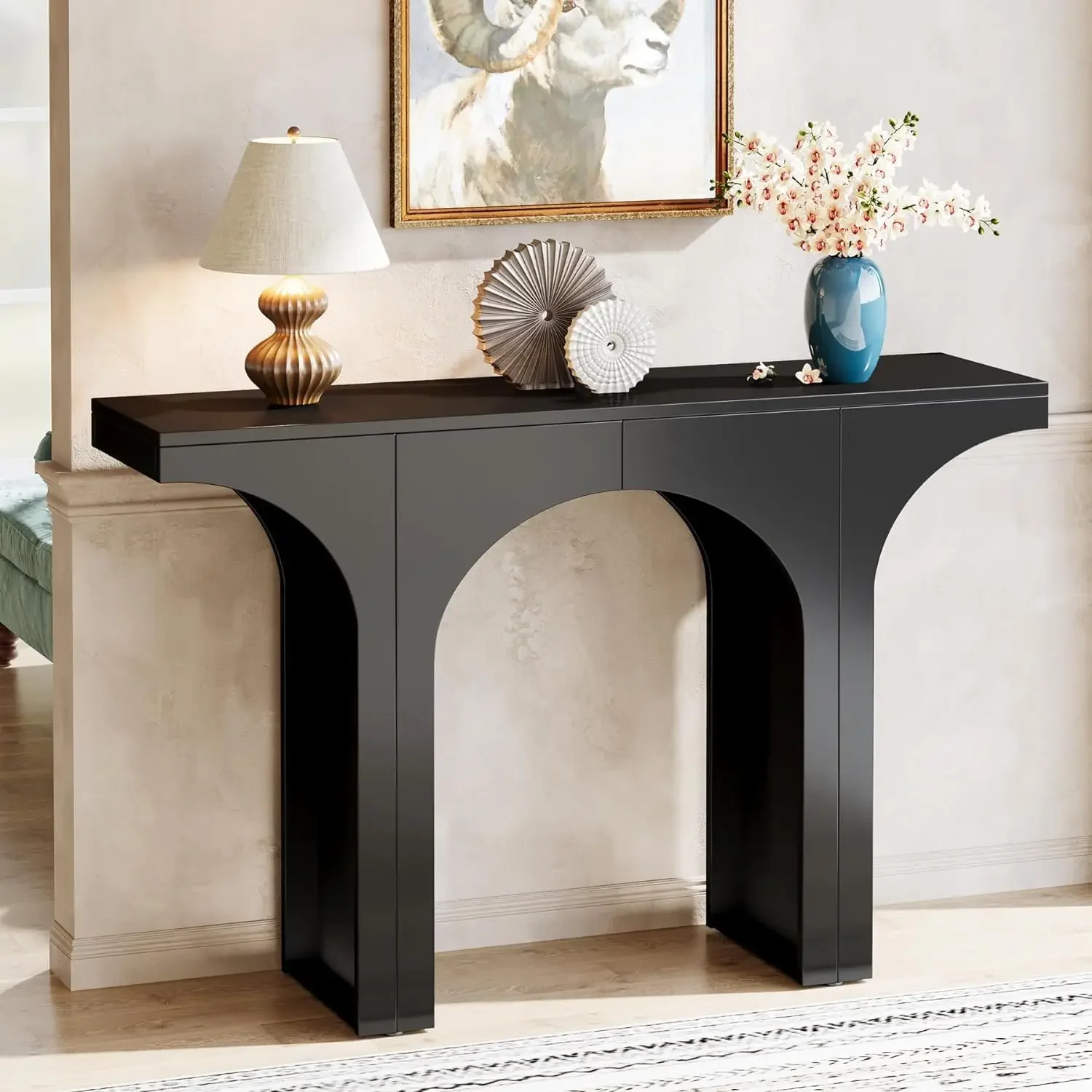 Tribesigns Black Console Table, 47-Inch Entryway Console Table, Wood Sofa Table Behind Couch with Arched Base, Narrow Hallway Ta