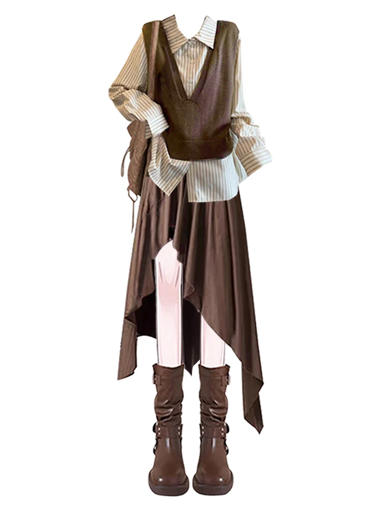 Set da due pezzi antietà e gilet lavorato a maglia con gonna asimmetrica per donna Winter Faion College Sle Outfit