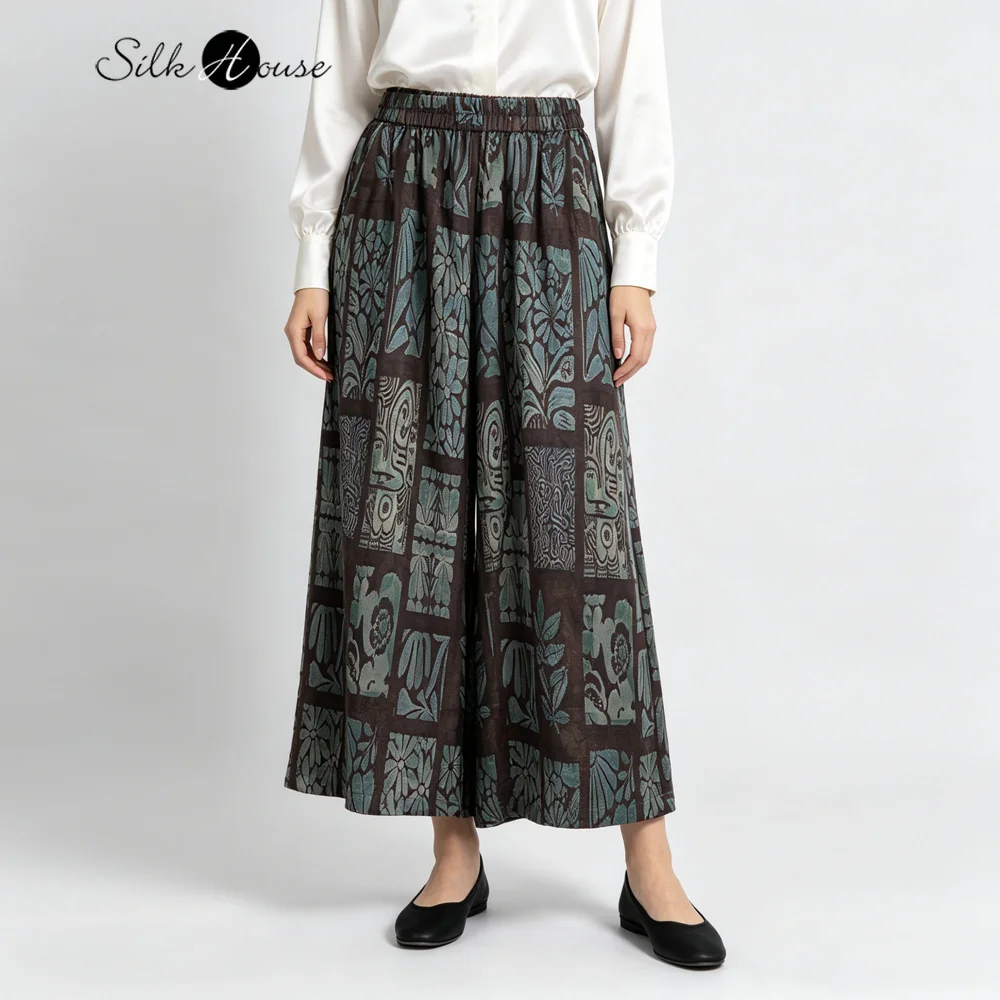 Plus Size Women's Fashion Clothing Retro 100% Natural Mulberry Silk SangBo Satin Elastic Waist Loose Printed Wide Leg Pants