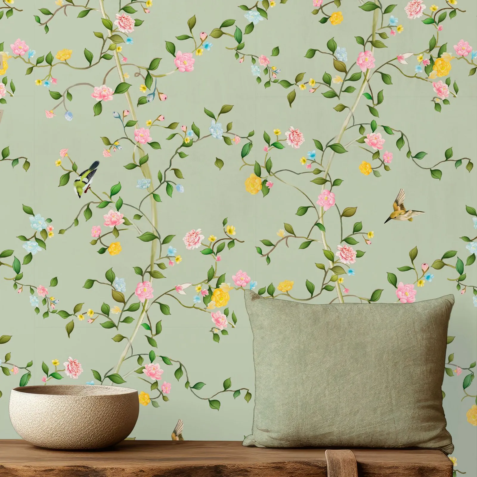 Spring Floral Wallpaper Peel and Stick,Green Plants Non-woven / Self-adhesive  Wallpaper ,Light Green Background Wall Paper