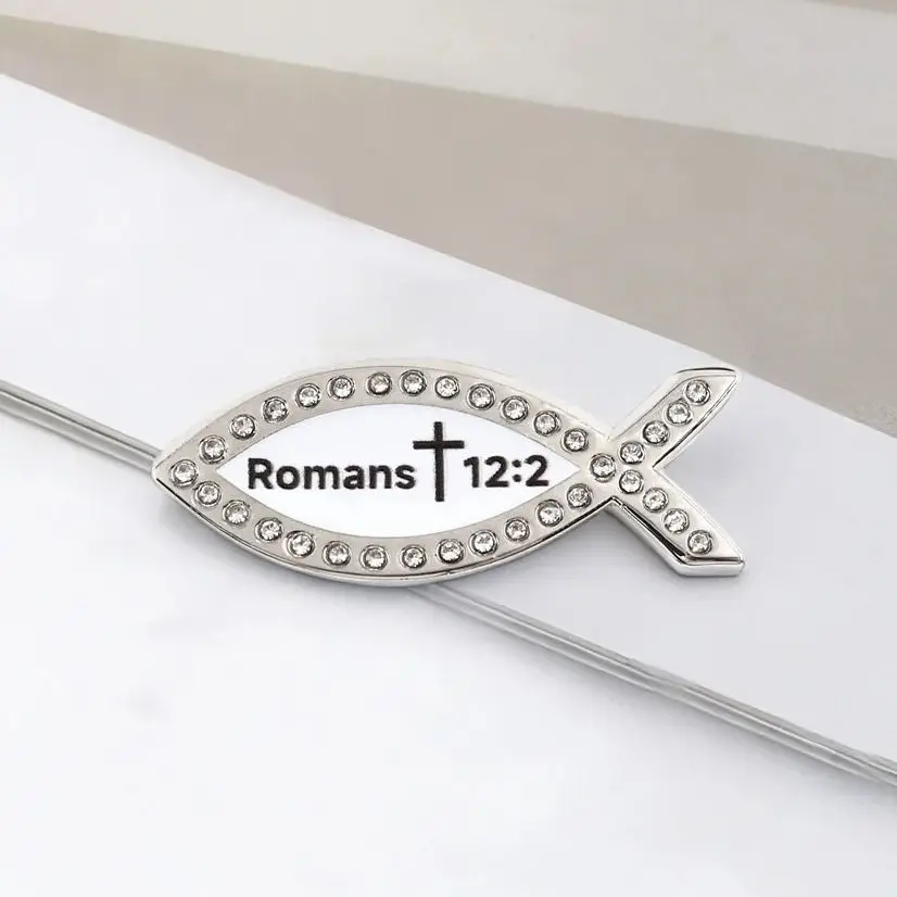 Romans 12:2 Bible Verse Enamel Pin Christian Jesus Fish Brooch with Rhinestone Crystal Ichthys Badge Religious Jewelry Gift for