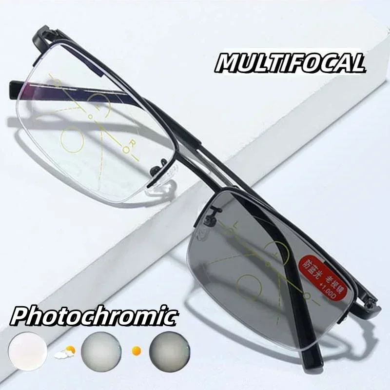 

Men's Fashion Color Changing Reading Eyewear Multifocal Photochromic Presbyopia Glasses Ultra Light Progressive Far Sight Goggle