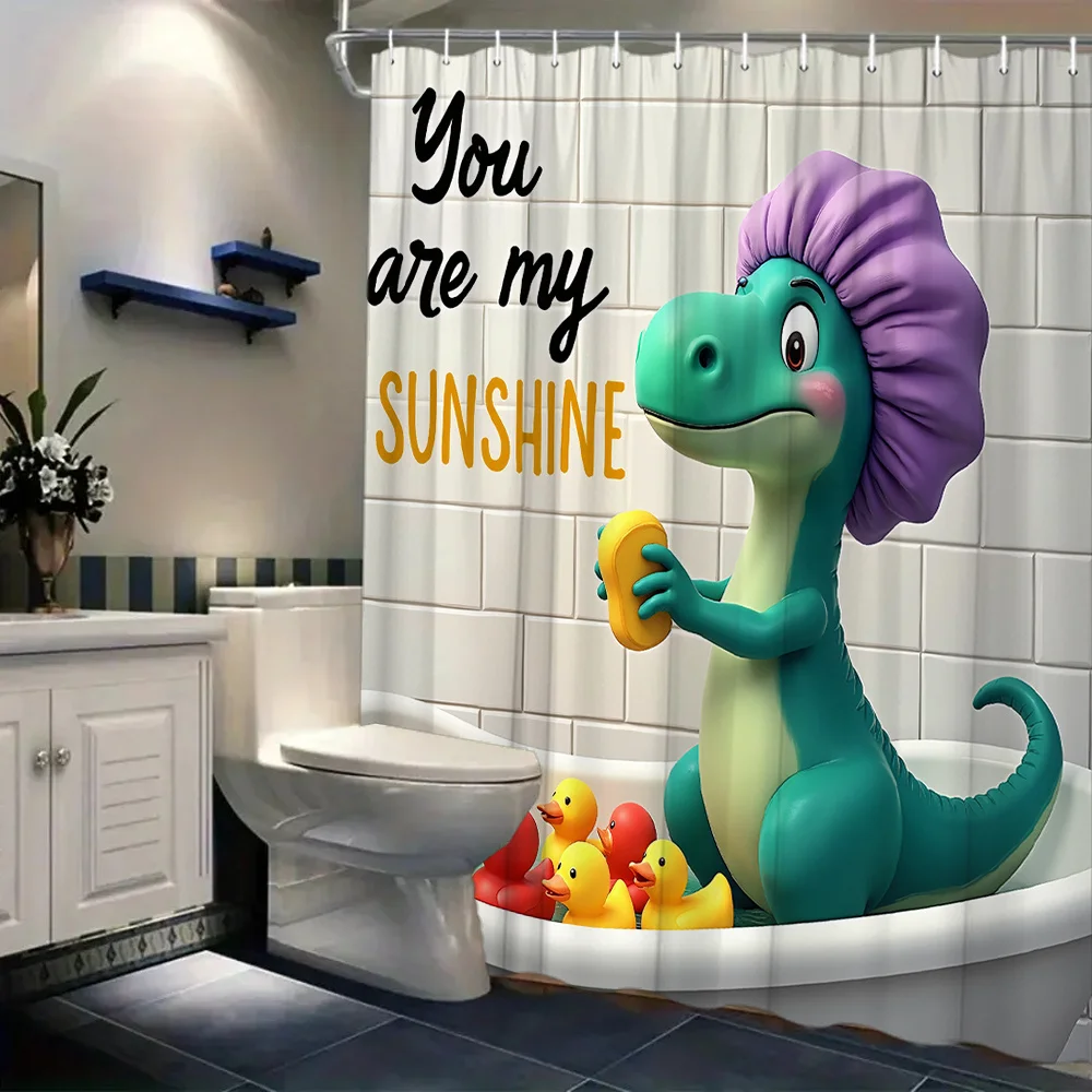 

Cute Dinosaur Bathtub Shower Curtain, "You Are My Sunshine" Quote, Kids Bathroom Decor, 3D Cartoon Animal Style