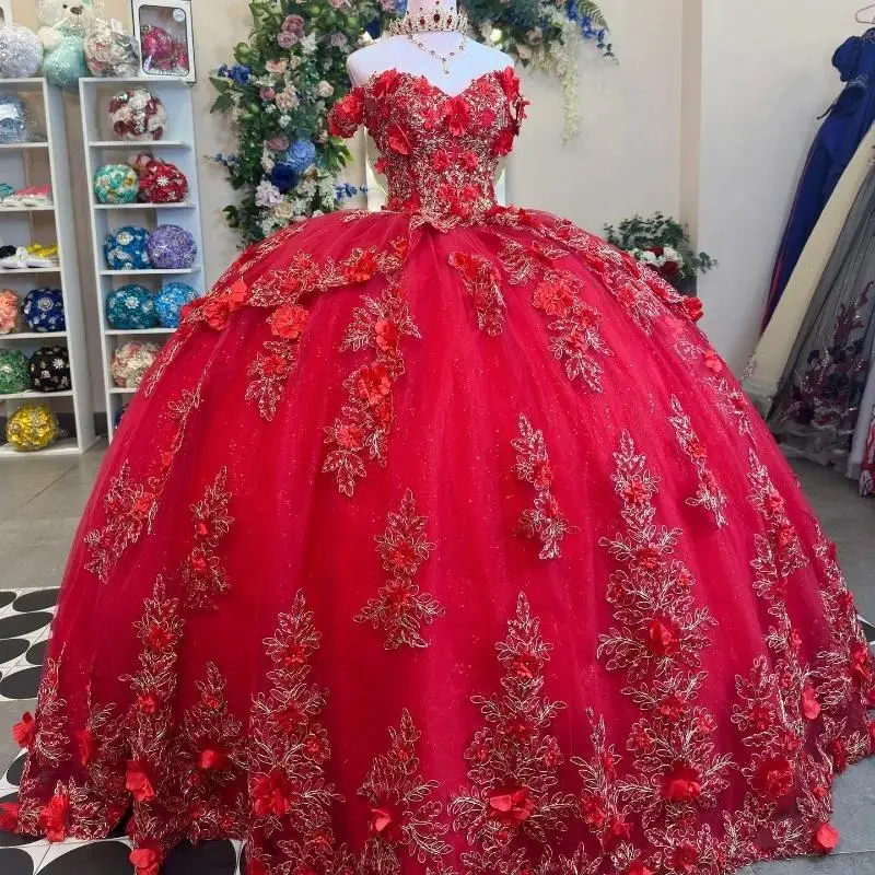 

Sparkly Red Quinceanera Dress Ball Gown Off The Shoulder Lace Applique Flower Beads Tull Corset Sweet 16 Vestidos De 15 Anos