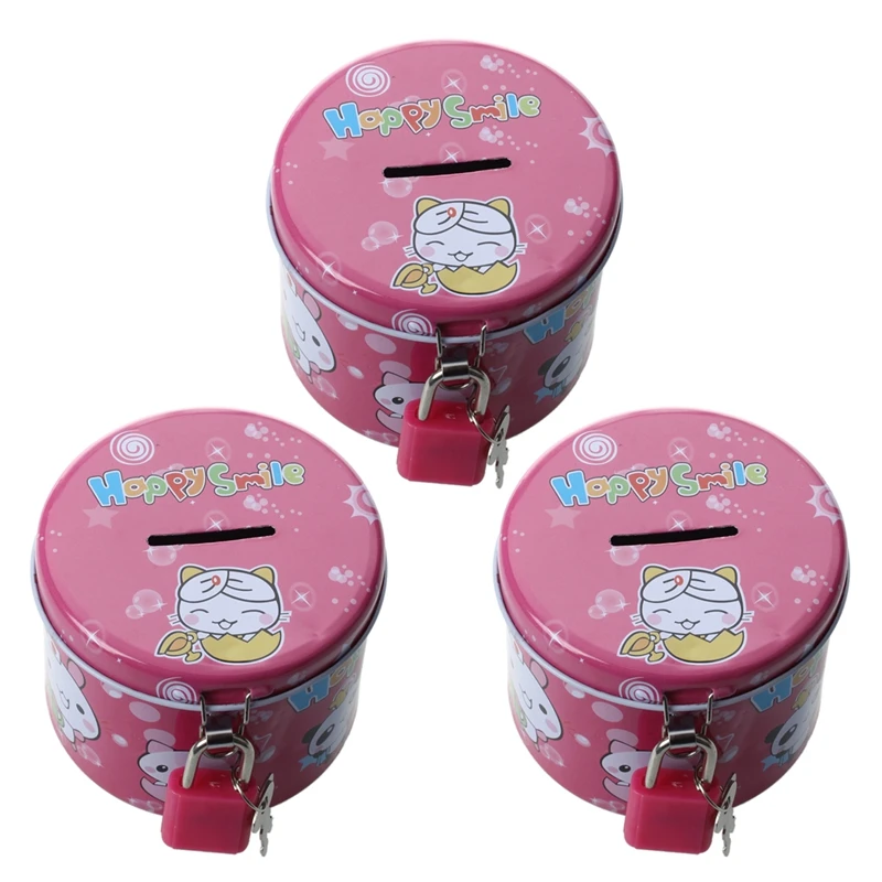 3X Cylinder Design Cartoon Print Piggy Bank Coin Money Saving Box W Padlock