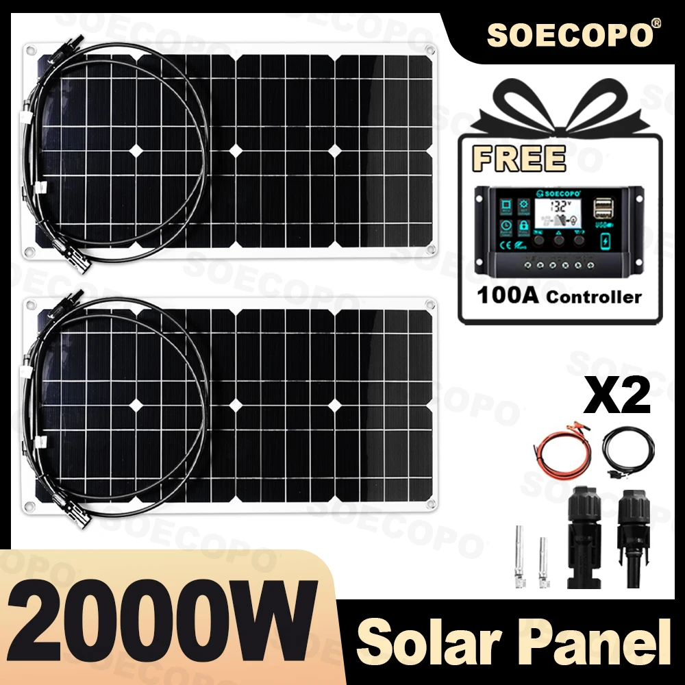 

SOECOPO 2000W Portable Solar Panel Kit (MC-4 12-18V) 2*Solar Panels for Camping Includes Free 100A Controller & USB 5V Charging