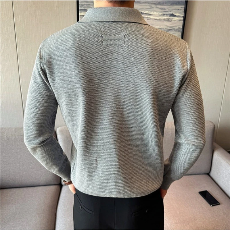 سترة رجالية من مزيج الصوف، أزرار على شكل صدفة بياقة بولو، نمط المال القديم، رمادي فاتح ​