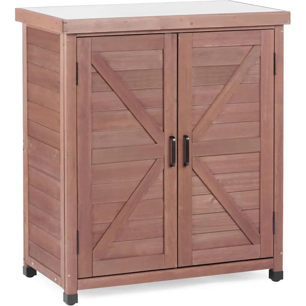 

Уличная скамейка для горшков со шкафом для хранения и металлической столешницей, деревянная рабочая станция для уличного патио, сада (кофейно-коричневого цвета, 31x17x36 дюймов)