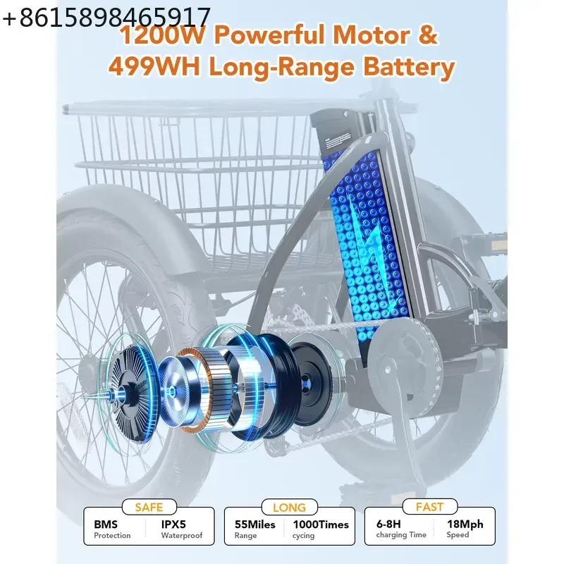 Qlife Triker 2.0 Folding Electric Trike, 1200W Motor 48V 10.4AH Removable Battery, 18''X3