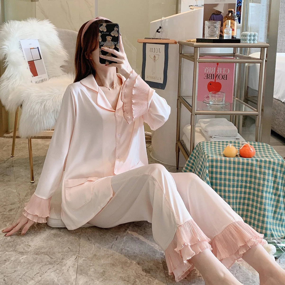 Silk Pajama Set Women Flare Sleeve Soft Home Clothes 2 Piece Set Palace Wind Pure Color Long Sleeve Trousers Sleepwear Suit L506