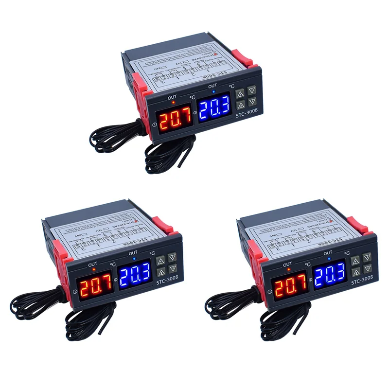 

ZIZI 3X Dual Digital STC-3008 Temperature Controller Two Relay Output Thermostat Heater With Probe Temperature Controller,B