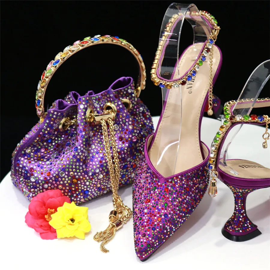 

Luxury Purple Women Shoes And Bag Set Ladies High Heels Stones Pumps Match With Handbag High Heels Sandals Escarpins Femme CR582