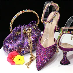 Luxury Purple Women Shoes And Bag Set Ladies High Heels Stones Pumps Match With Handbag High Heels Sandals Escarpins Femme CR582