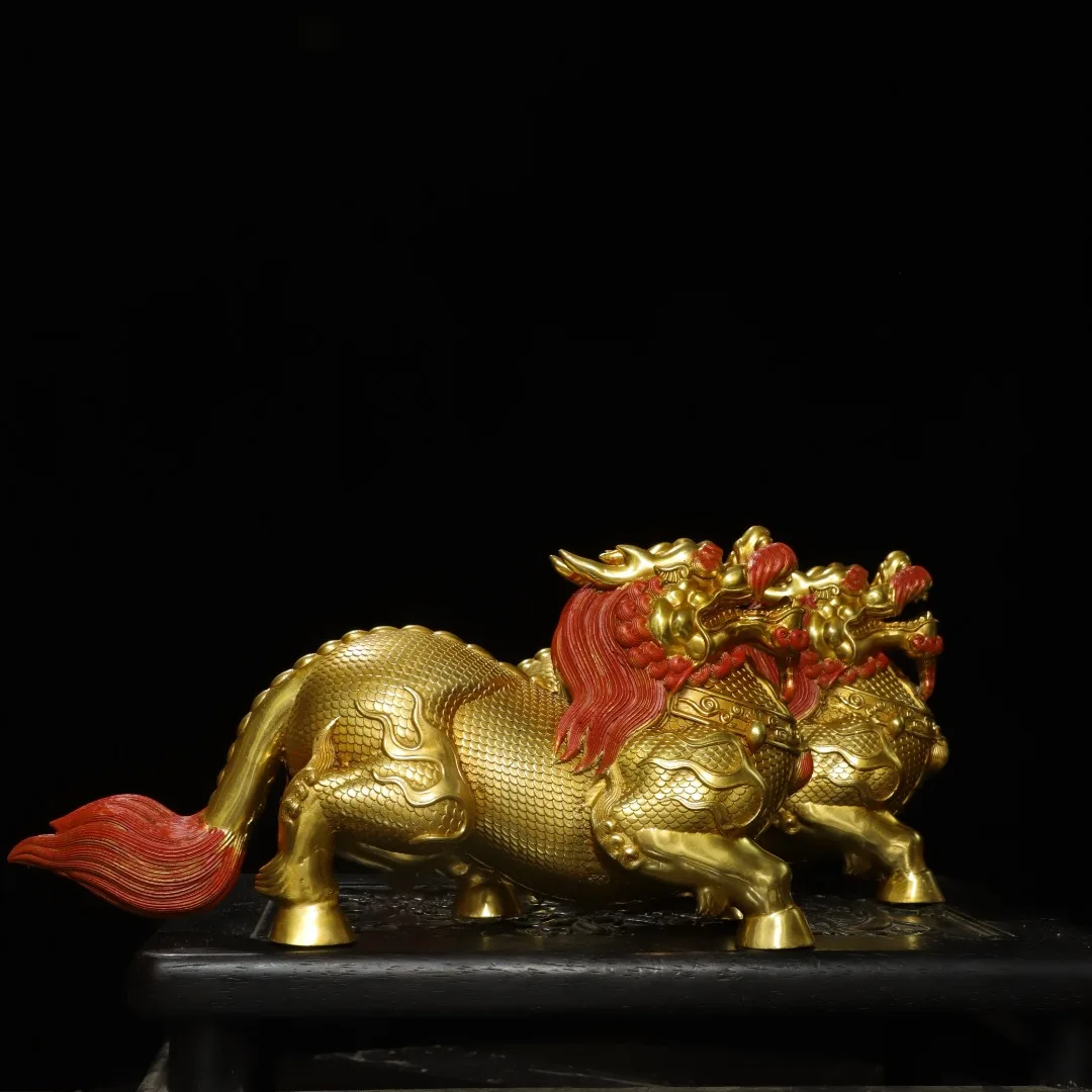 

13"Xizang Folk Old Bronze Gilded Painted Cinnabar Kirin Statue mythical beast a pair Amass wealth Ornaments Town house Exorcism