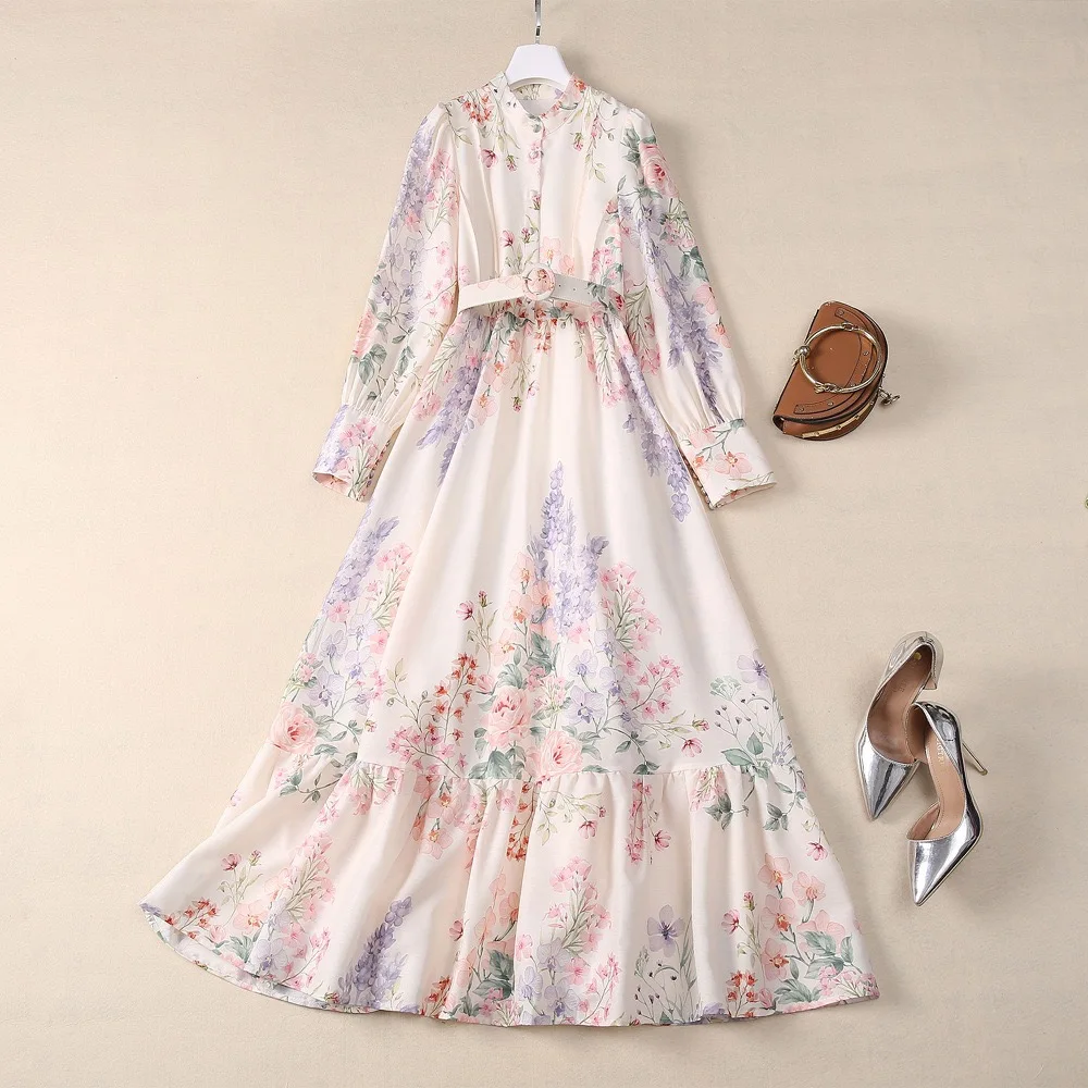 2024 Spring Summer Fashion Women's dress Standing collar Long sleeved Floral-Print Slim Elegant Holiday Dresses Hot Selling