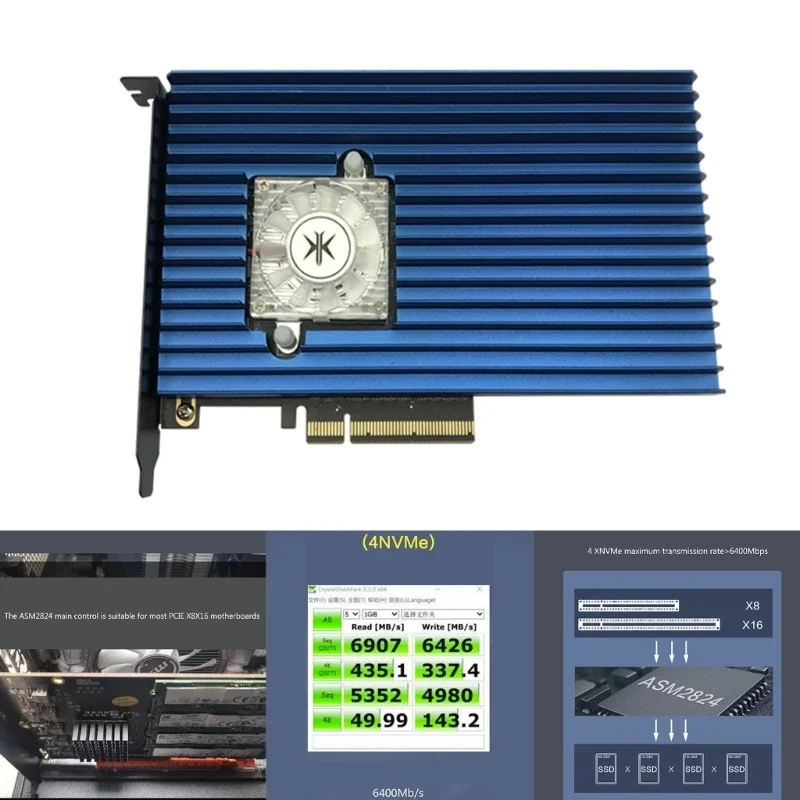 

PCIe to M.2 NVME SSD 4 Disk Soft Raid Array Expansion Card 64Gbps Transfer Rate ASM2824 Main Control
