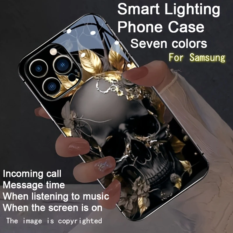 Golden Leaf Skull LED Light Up Phone Case For iPhone 17 16 15 Pro Max 14 Plus 11 12 13 XR Cool Gothic Luminous Phone Back Cover