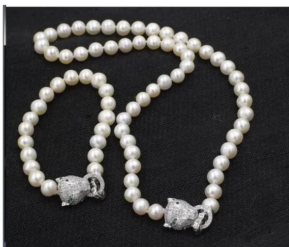 longer 20-50CM silver real natural Zircon Leopard head clasp accessory 7-8mm white freshwater pearl necklace bracelet set