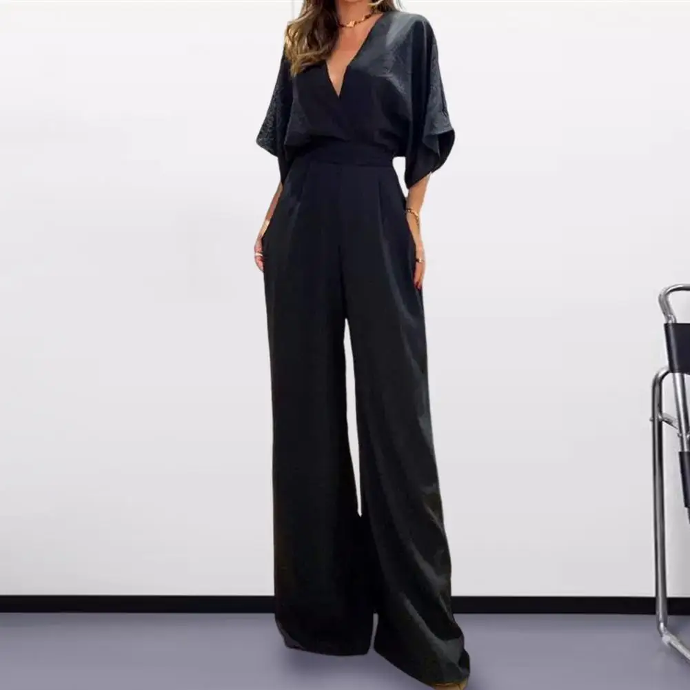 

Women Jumpsuit Elegant Women's V-neck Lace-up Jumpsuit with Bat Sleeves Wide Leg for Formal Events Office Wear Outfits Backless